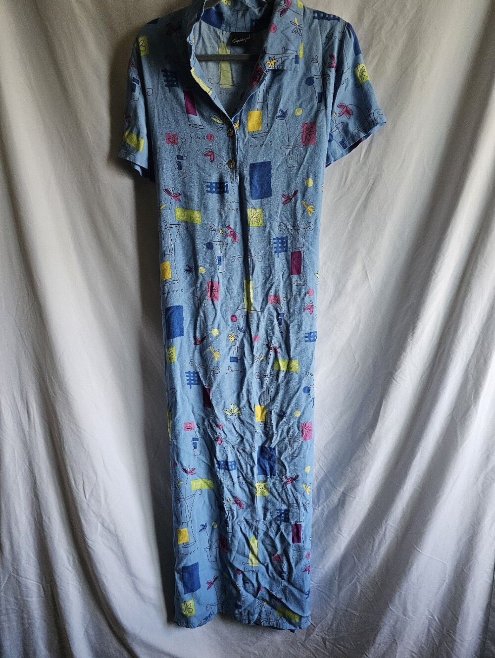 Spiegel Light Blue Printed Button-Front Maxi Dress with Yellow & Pink Accent L